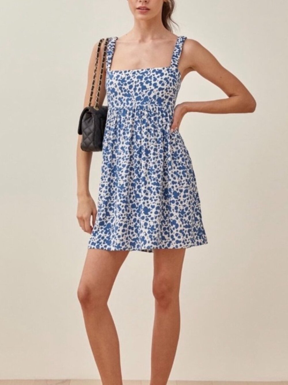 Reformation Serene Rainey Blue Splotch Print Babydoll Mini Dress US 6